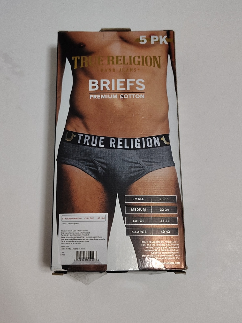 True Religion Black and Gold Logo Men's Briefs Underwear 5-Pack Size - S